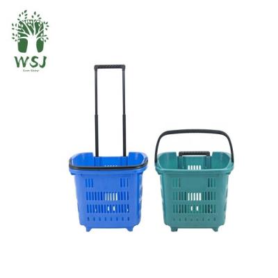 China WSJ 20L Sustainable Lever Portable Grocery Handle Blue Plastic Shopping Basket With Wheels for sale