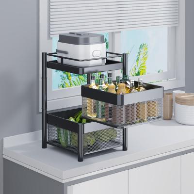 China 2 Tier Folding Kitchen Trolley Metal Cart Vegetable Storage Rack Folding Rotating Storage Basket for sale