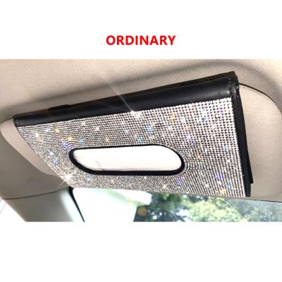 China Luxury Durable Diamond Crystal Car Sun Visor Tissue Glass Gold Tissue Paper Cover Metal Holder for sale