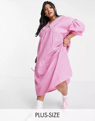 China Plus Collar Shirt Antistatic Anti-Static Dress In Neon Pink Stripe Stripe Dress for sale