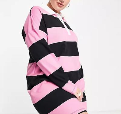 China Anti-wrinkle Anti-Wrinkle Plus Curve Collared Mini Shirt Dress In Black Long Waist Sleeve And Pink Stripe for sale