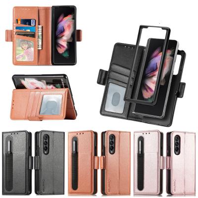 China Shockproof 2022 HuaMJ Wholesale Drop-resistant Pen Tray Cover For Leather Mobile Phone Case Wallet Luxury Galaxy Samsung Z Fold 3 4 Case for sale