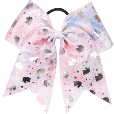 China Large Unicorn Stars Print Hair Bow soft magic on rainbow vivid pastel grosgrain with scattered girls unicorns cheer bow for sale