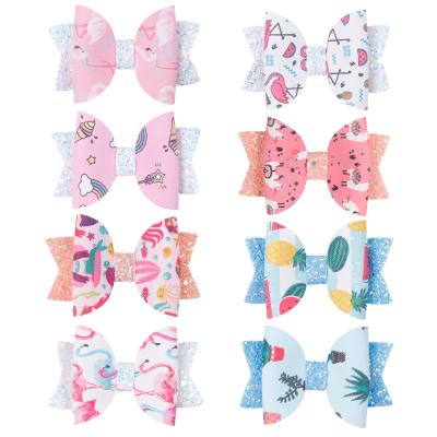 China Fashionable Girls Print Cartoon With Single Fork Hair Clips Synthetic Leather Glitter Hair Bows For Kids Girls Hair Accessories for sale