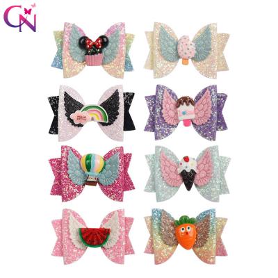 China European and American Style 3 Inch Summer Cartoon Design Shiny Chunky Glitter Hair Bows Multi-Layers With Ribbon Covered Clips For Kids for sale