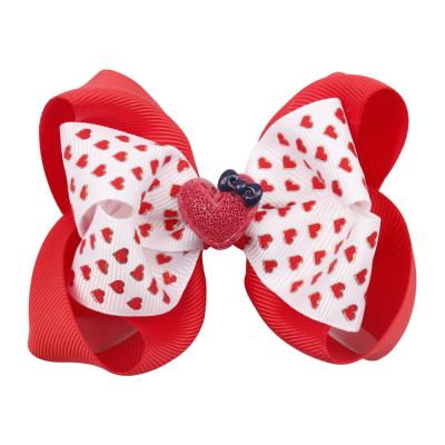 China 4 Inch Sweet Valentine's Boutique With Heart Printed Double Stacked Baby Hair Bow With Clip Girls Hair Accessories For Kids for sale