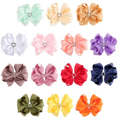 China European and American style 4.3 inch solid grosgrain ribbon hair bow with rhinestone center tied double layers hair cut hair accessories for sale