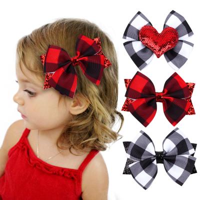 China Vintage Valentine's Day Plaid Grosgrain Ribbon Hair Pins Elegant Hair Clip with Glitter Heart for Girls Lady Kids Hair Bow for sale