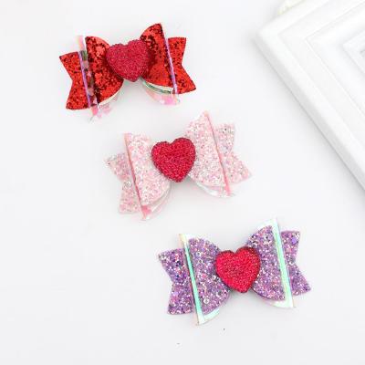 China Fashion Designer Hair Clips 3 Inch Valentine Heart Bow Sequin Glitter Hair Accessories With Bows For Kids Girls for sale