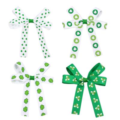 China Trendy 3.5 Inch St Patrick's Day Kids Hair Bow Green Ribbon Bow Hair Clip for sale