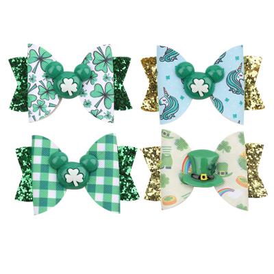 China Sweet St. Patrick's Day Girls Mini Glitter Leather Hair Bows Baby Bow Hair Clip for sale