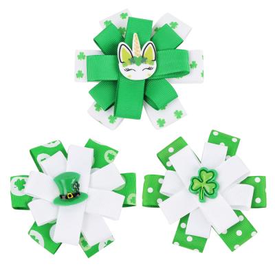 China Hair Accessories St Patrick's Day 3.5 Inch Bow Hairpins Spring Printed Grosgrain Ribbon Barrettes Hair Accessories For Babies Hair Clips for sale