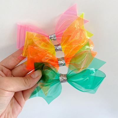 China Fashion 5 Inch PVC Jelly Bows Hair Clips Plastic Hair Bows With Slivery Center Clip For Girls Swim Pool Hair Hangers Hair Accessories For Kids for sale