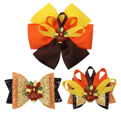 China Fashion NC Handmade Cute Glitter Cartoon Turkey Thanksgiving Hair Bows For Girls Kids Hair Clips for sale