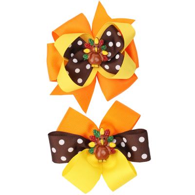 China Fashionable Thanksgiving 3.5 Inch Girls Hair Bow Grosgrain Ribbon Kids Hair Clip for sale