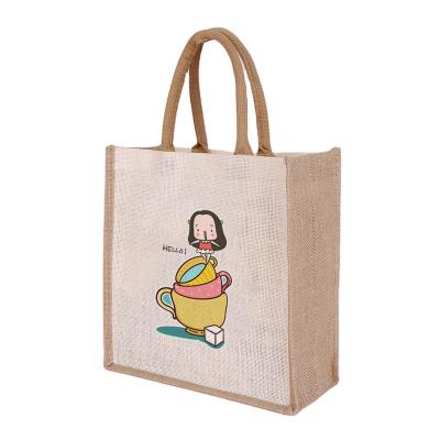 China Eco Friendly Gift Custom Logo Eco Reusable Hand Tote Laminated Grocery Shopping Handbags Jute Promotional Bag for sale