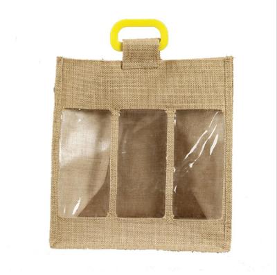 China Nice Eco-friendly Jute Wine Dust Sack Hessian Wine Burlap Packaging Bag With PVC Window for sale