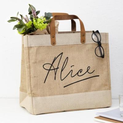 China Cheap Custom Handled Printed Eco Shopping Organic Large Reusable Tote Burlap Jute Bag With Leather Handles en venta