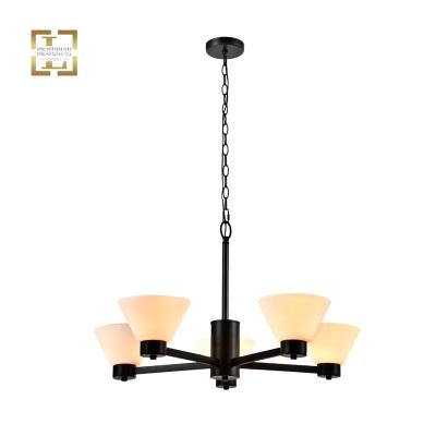 China Contemporary Modern Matte Black Finish Frosted Glass 5 Luxury Hotel Pendant Light Fixtures Home Decor Light Indoor Chandelier for sale