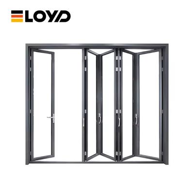 China Matte Black Stacking Folding Sliding Glass Doors Accordion Aluminium Frame for sale