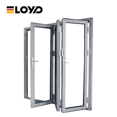 China 96x80 Accordion Glass Sliding Doors Aluminum Stacking Doors Left Out Swing for sale