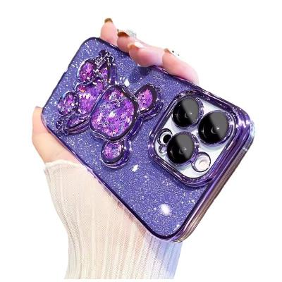 China Luxury Quicksand Shockproof Plated Case With Camera Lens Protector Full Clear Glitter Bear Slim Shockproof Protective Case for sale