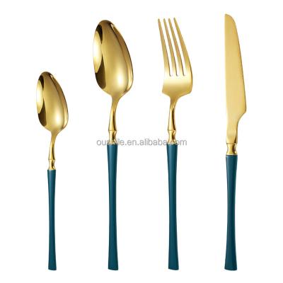 China Sustainable Canton Tower Handle Cutlery Stainless Steel Knife 4pcs Fork Spoon Set for sale