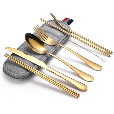 China Utensils 7 Piece Sustainable Gold Stainless Steel Camping Portable Travel Dinnerware Sets With Bag for sale