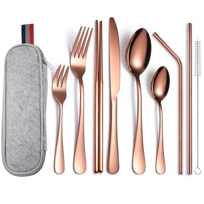 China 9 Pieces Forks Spoons Durable Reusable Knives and Chopstick Straw Cutlery Titanium Plated Set for sale