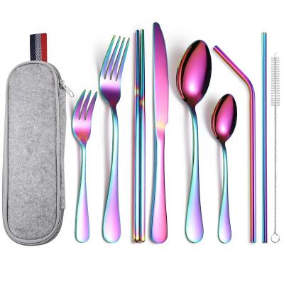 China Low MOQ Rainbow Stainless Steel Portable Travel Flatware Sustainable Serving Cutlery Sets 9 Pieces for sale