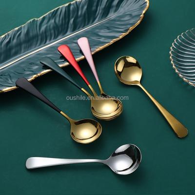 China Viable Wholesale Cheap Colher Rounded Inox Cucchiaio Desert Spoons With Color Handle Cutlery for sale