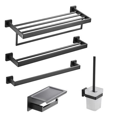 China Modern Design Durable Black Towel Rack Thickened 304 Stainless Steel Bathroom Hardware Set for sale