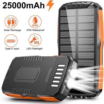 China Power Bank+Camp Flashlight New Large Capacity 25000mAh Waterproof Design Solar Panel Charger Portable Wireless Power Bank with LED Flashlight for Camping for sale