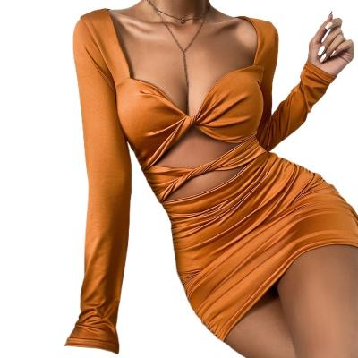 China Sexy Party Club 2022 Fashion Breathable V Design Long Sleeve Silky Deep Night Bodycon Mini Short Dress For Women for sale