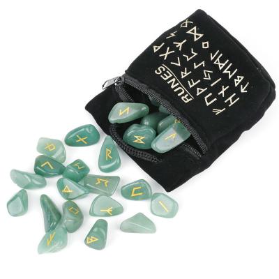 China 25pcs/set Europe Engraved Natural Semi-precious Green Aventurine Divination Stone Rune Energy Fortune Telling Stones for sale