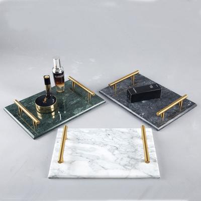 China Viable Wholesale Marble Tableware Tray Rectangle Jewelry With Gold Restaurant Handles Marble Serving Tray For Home And Hotel for sale