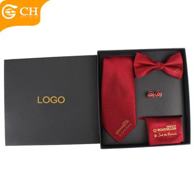 China Newest Custom Silk Red Bow Tie Tie Cufflink Hanky ​​And Stripe Gift Box Set For Men for sale