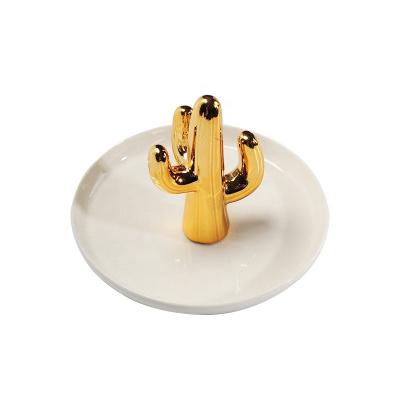 China Ring Stand Plated Pottery Gold Cactus Ceramic Ring Stand Luxury Porcelain For Jewelry Display From Chinese Ceramic Factory for sale