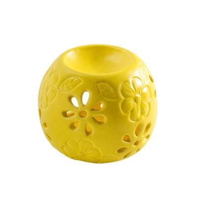 China European Ceramic Incense Round Shape Fragrance Heaters Surround Flower Carving Yellow Unique Wax Burner Porcelain Oil Burners for sale