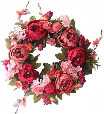 China Silk+steel GM Peony Wreaths for Front Door Artificial Spring Summer Flower Door Wreath 16 Inch Fall Wreaths  (Pink) for sale