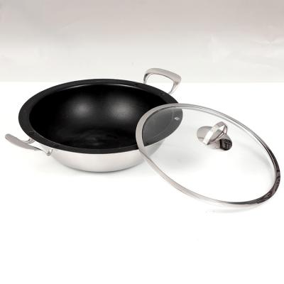 China Home Restaurants Flat Bottom Round Shape Handle Stainless Steel Double Stick Viable High Quality Chinese Wok Non for sale