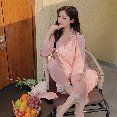 China Breathable 2PCS Sleepwear Pajamas Sets Women Lapel Long Sleeve Home Wear Ladies Satin Tops+Pants Nightgown for sale