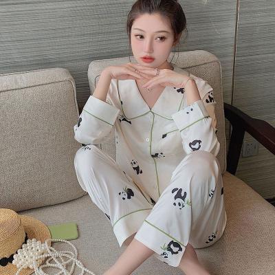 China Custom Logo Breathable Ice Shirt Pajamas Sets Silk White Lapel 2 Piece Suit Home Autumn Sleepwear For Women for sale