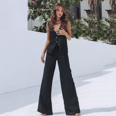 China Summer Women Dress Suits Anti-pilling V-Neck Vest and Loose Long Pants Outfits Fashion Cotton Canvas 2 Piece Set for sale