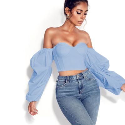 China Breathable Girls Clothing Off Shoulder Pleated Sleeve Top Exaggerated Women's Breath Blouses for sale