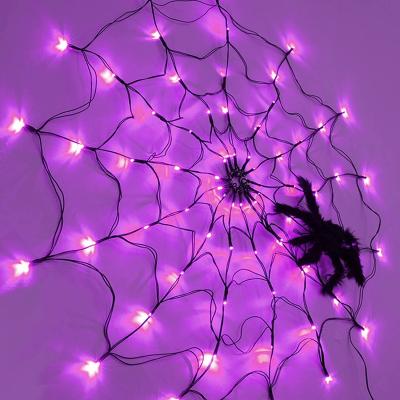 China Plastic+70LEDs USB Battery Operated Purple Spider Web Lights 70 LEDs With Spider 8 Modes Light Up Spider Web Halloween Decorations for sale