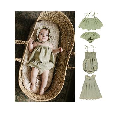 China Breathble Cozy Wholesale Baby Embroidered Cotton & Linen Dress Halter Climbing Suit Series for sale