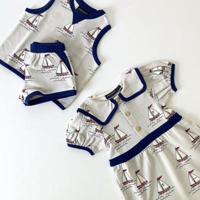 China 2021 Summer Casual Girl's Dress Cute Navy Mini Skirt Series Children's Short Sleeve Sailboat Print Suit for sale