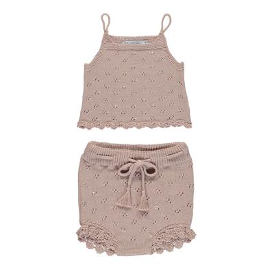 China New Casual Organic Hollow Out Girl Set With Sling For Thin Baby.Summer Knit Halter Shorts Set Baby Sweater Knitted Suits for sale