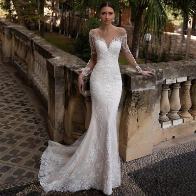 China 2021 New Arrival Dry Cleaning Illusion O Neck Full Sheath Detachable Skirt Mermaid Wedding Dresses Crystal Lace Bridal Gowns Appliqued for sale